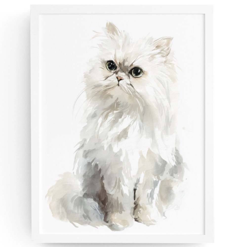 Watercolor White Persian Cat Portrait Wall Art Print Poster, Unframed